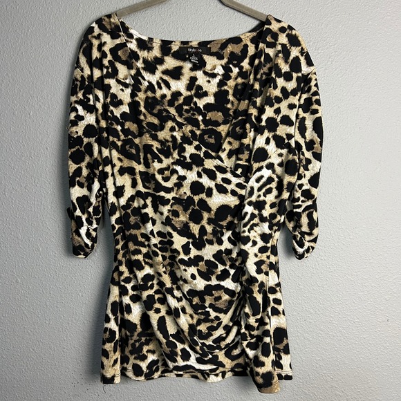 Style & Co. Leopard Print Faux Wrap Top 3/4 Sleeve Cinched Waist Blouse Size L - Picture 1 of 11